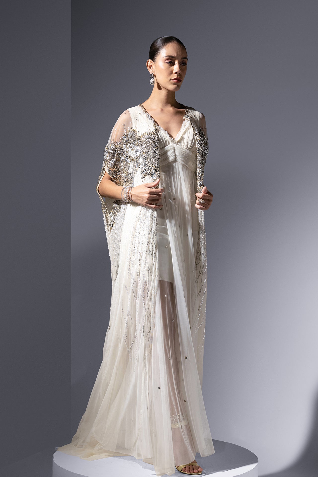 Mesh Dress with Crystal Cape