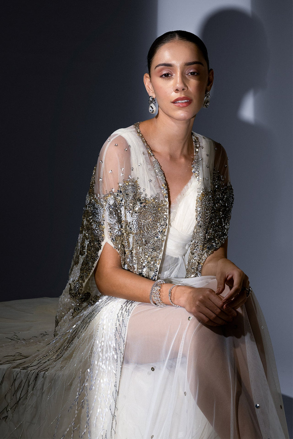 Mesh Dress with Crystal Cape