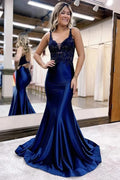 Navy Blue Satin Mermaid Deep V-neck Prom Dresses With Lace Appliques, MP954 | mermaid prom dress | long prom dresses online | new arrival prom dress | musebridals.com