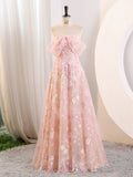Off the Shoulder Pink Floral Long Prom Dresses, Pink Lace Floral Long Formal Graduation Dresses