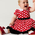 Baby wearing a red polka dot dress with a white collar and black belt on a light gray background