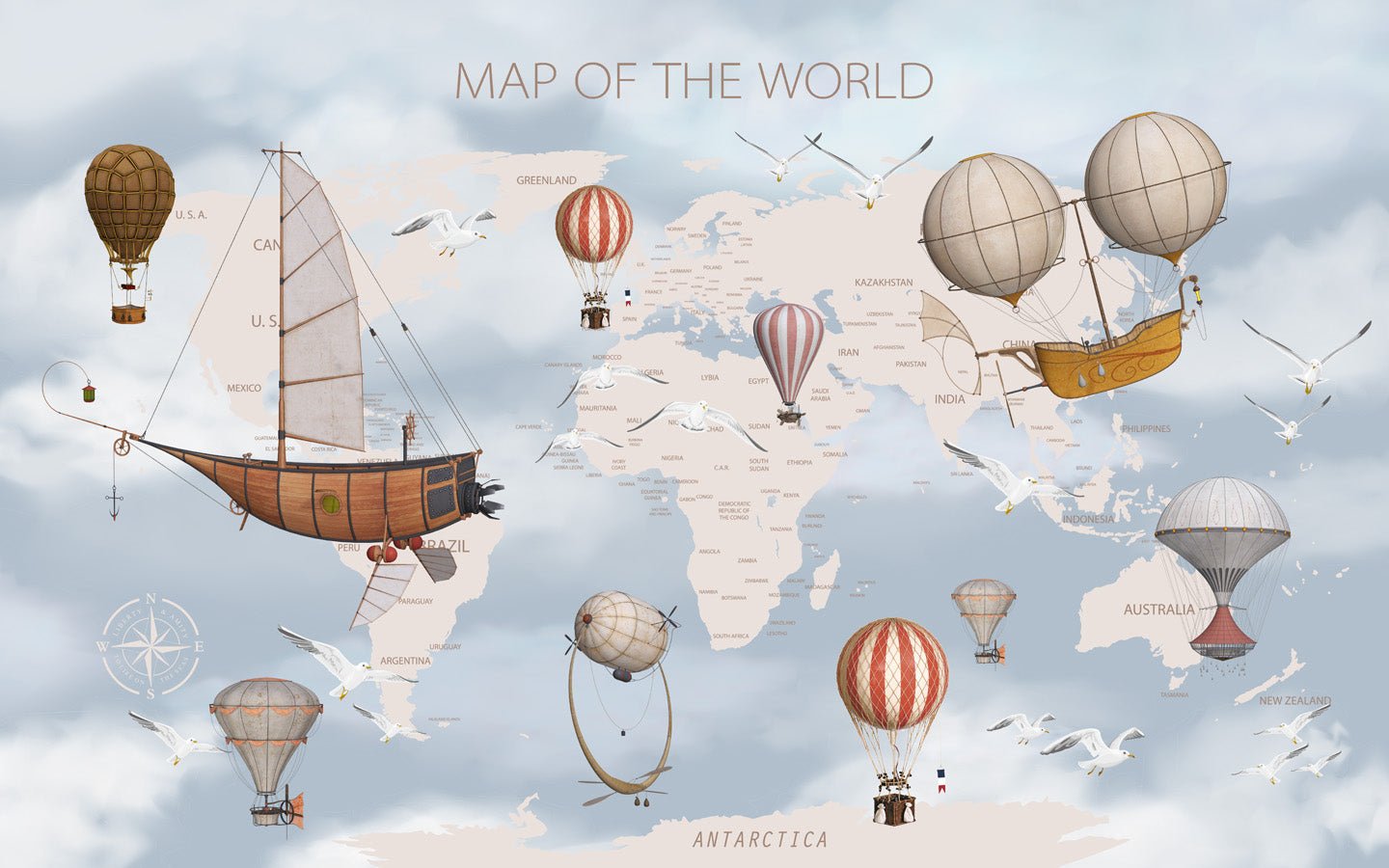 Papier peint carte du monde enfant vintage, mural concept, tendance