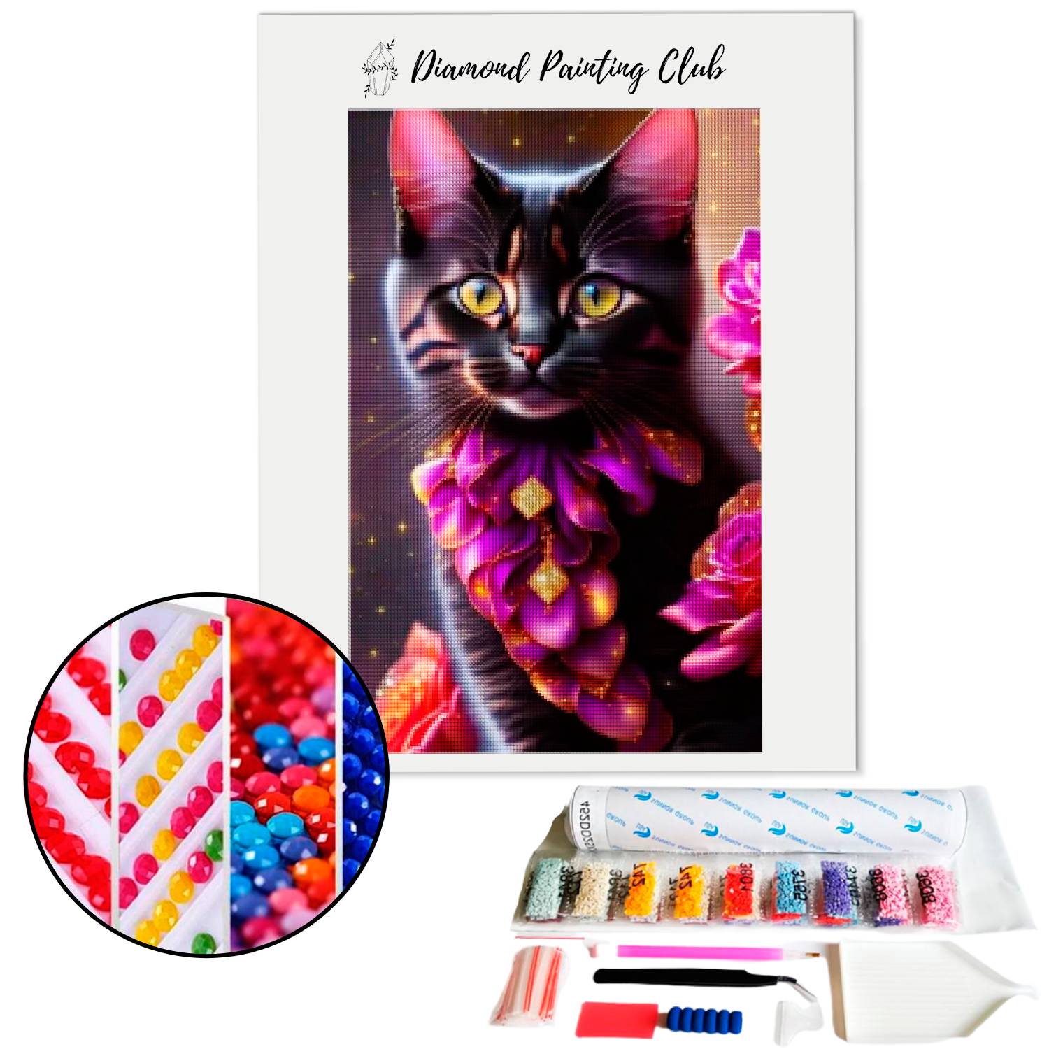 Broderie diamant Chaton noir fleuris | Diamond-painting-club.com
