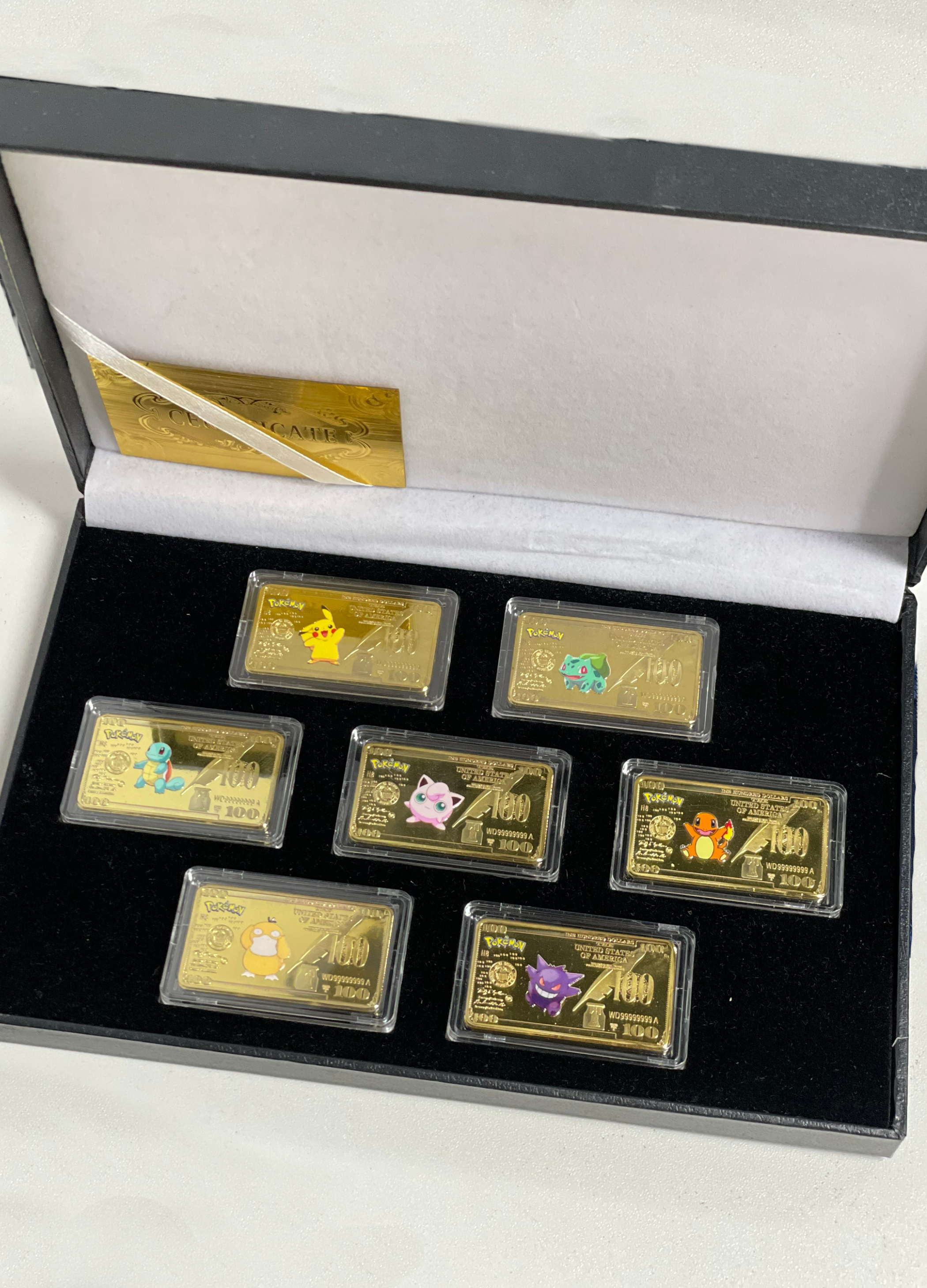 7 Piece Pokemon Gold Bar 1oz Bullion Box Set (Gold Plated) Vyu33Cards