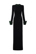 Black crepe silk lined maxi dress with round neck and turn-up cuffs by I.H.F, elegant and flowing for sophisticated occasions.