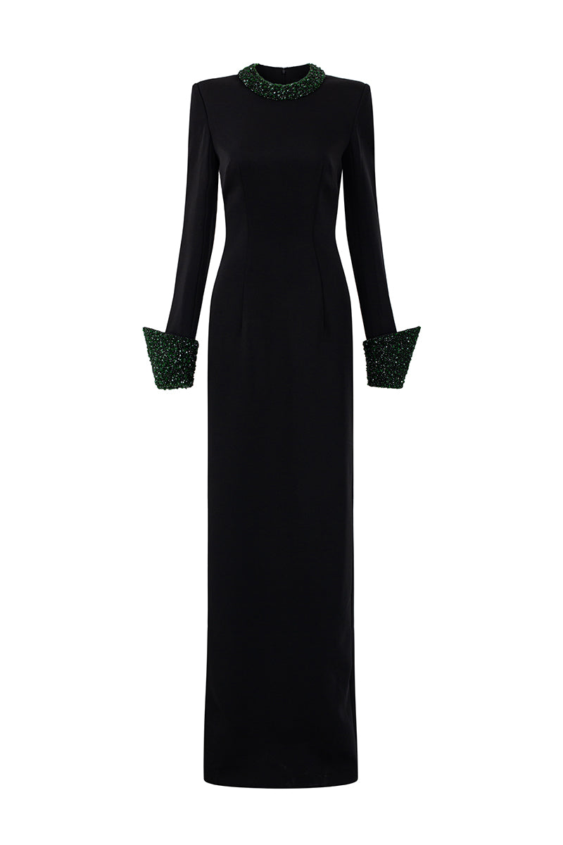 Black crepe silk lined maxi dress with round neck and turn-up cuffs by I.H.F, elegant and flowing for sophisticated occasions.
