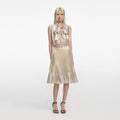 Front view of a woman wearing the Gold Metallic Sleeveless Midi Dress