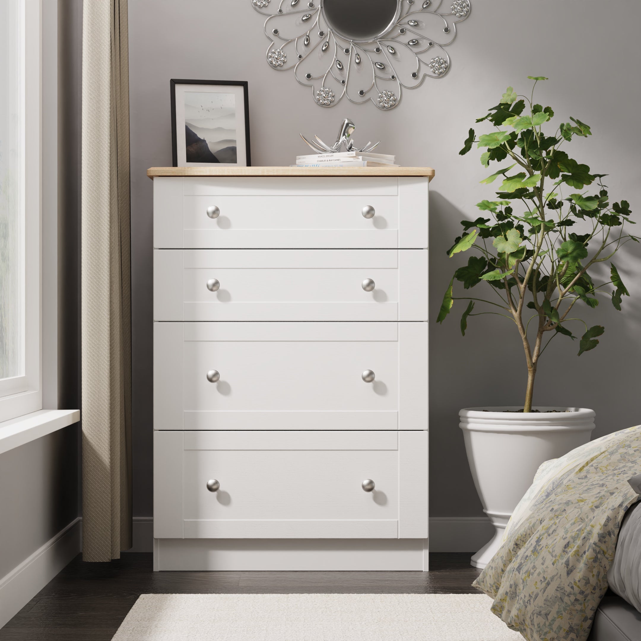 Tutbury Ready Assembled 4 Drawer Deep Chest in White Ash & Bardolino Oak