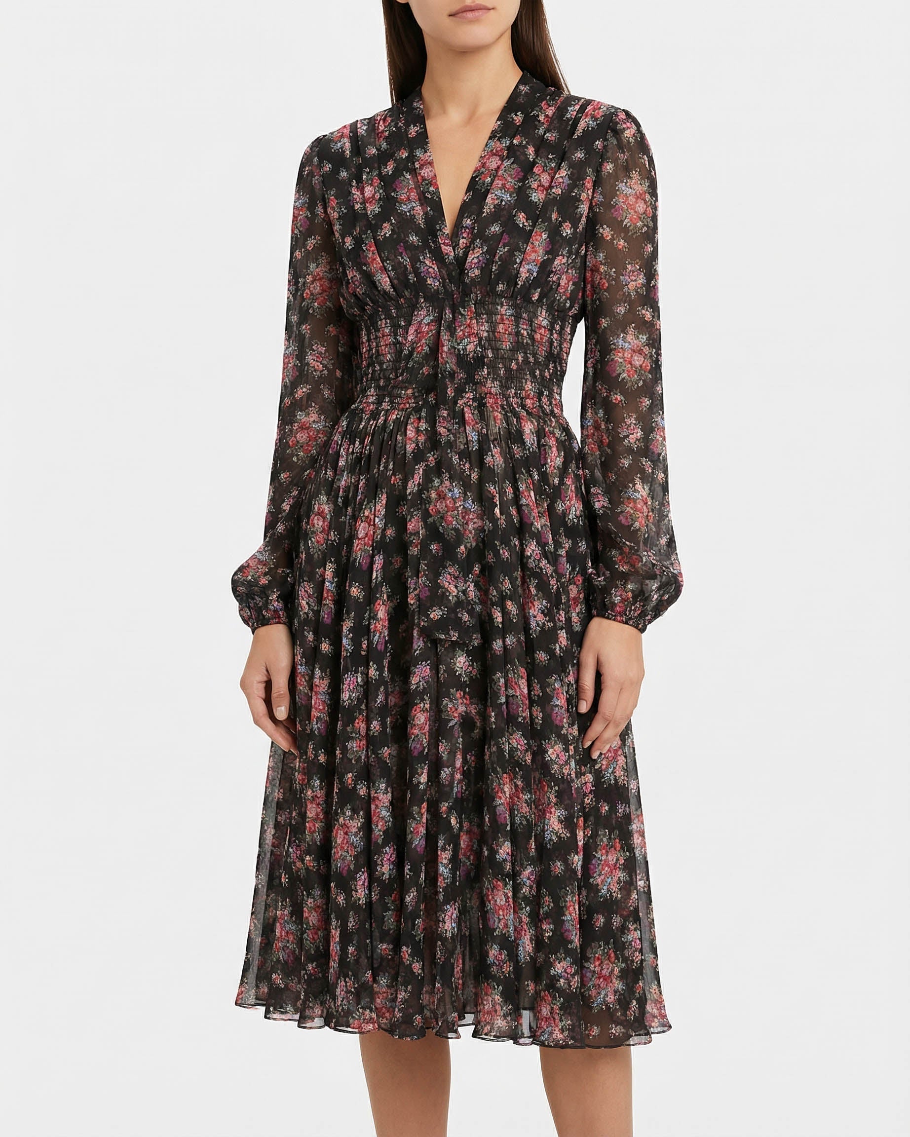 Small flower bouquets print chiffon dress