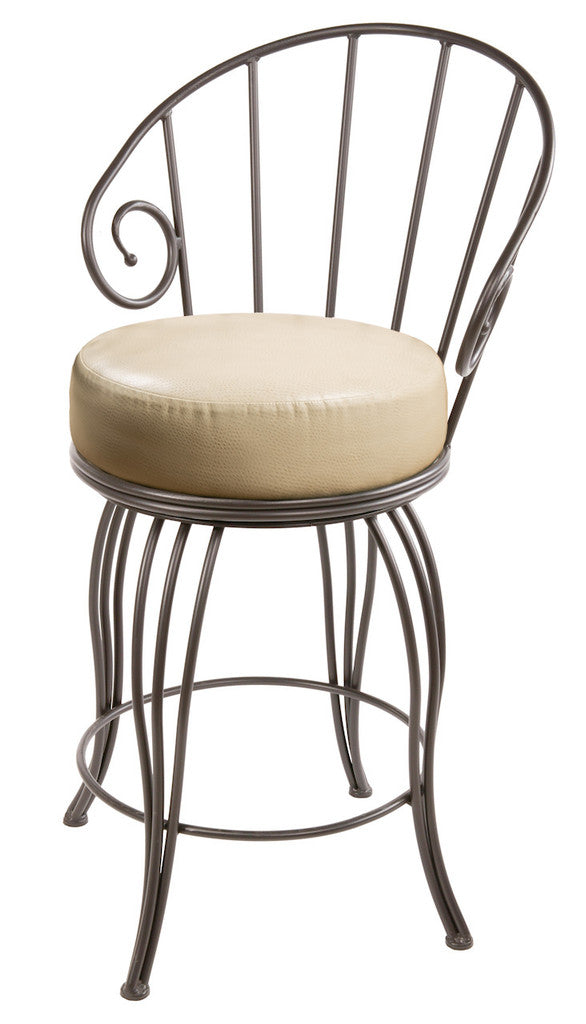 Stone County Ironworks Bella 25" Hand Rubbed Ivory Non-Swivel Iron Bar Stool With Pewter Iron Accent and Black Leather Upholstery
