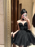 Simple Black A Line Sweetheart Neck Tulle Short Birthday Dress Homecoming Dress SH3402