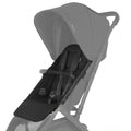 UPPAbaby Minu V2 replacement seat fabric in Jake (black) attached to stroller frame on white background