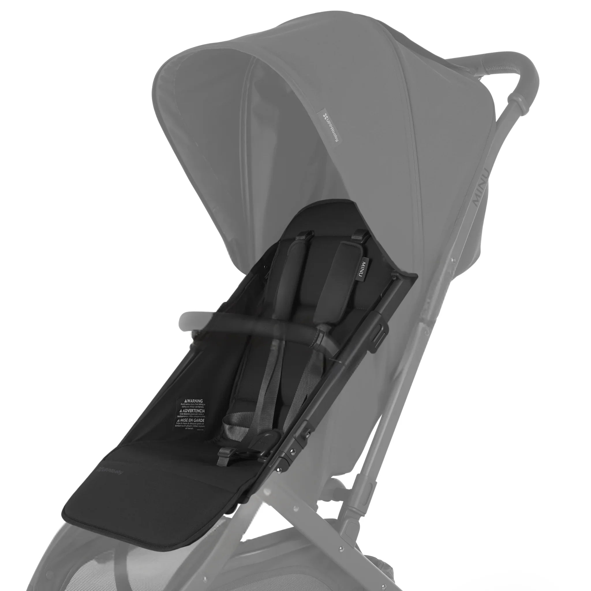 UPPAbaby Minu V2 replacement seat fabric in Jake (black) attached to stroller frame on white background