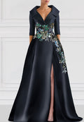 V-Neck Long Sleeves Floral Appliques A-Line Mother of Bride Dress