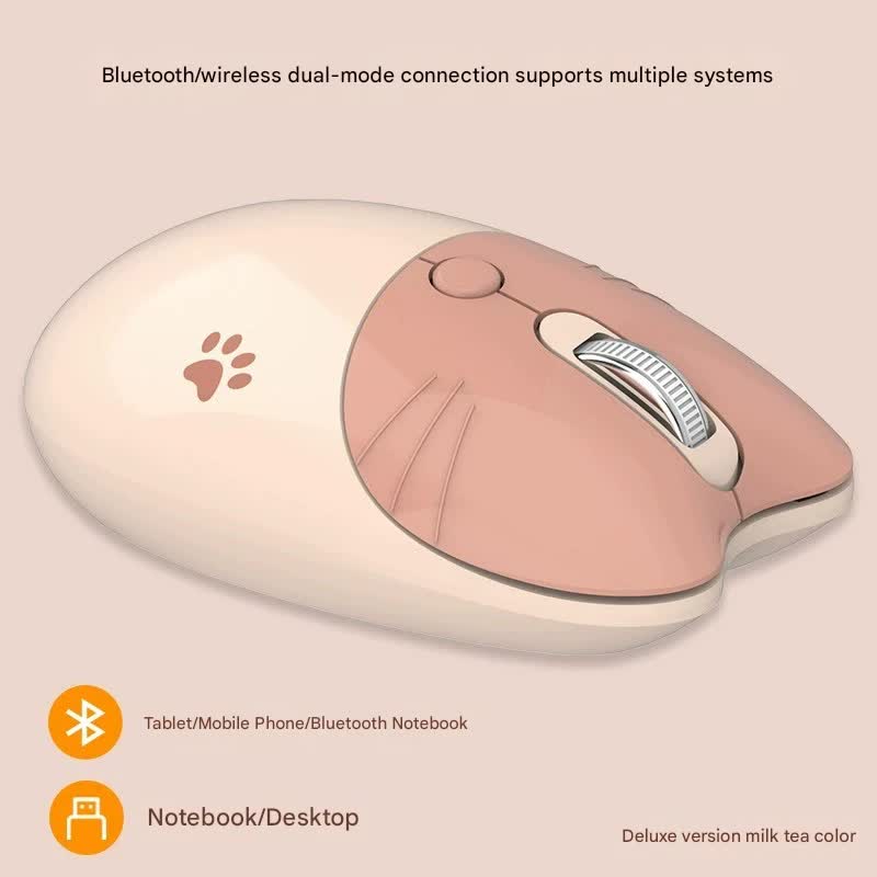 Cute Cat Shaped Wireless Office Mouse Dual Mode 2.4G/Bluetooth 3 Level Dpi Silent Click(Milk Tea Color)