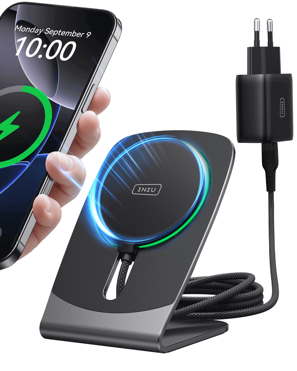 INIU W21-E1 15W Qi2 magnetic wireless charger stand and 20W adapter, shown fast charging an iPhone. Ready for iPhone 17.