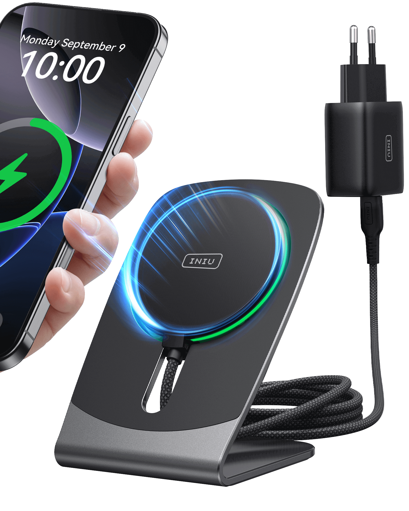INIU W21-E1 15W Qi2 magnetic wireless charger stand and 20W adapter, shown fast charging an iPhone. Ready for iPhone 17.
