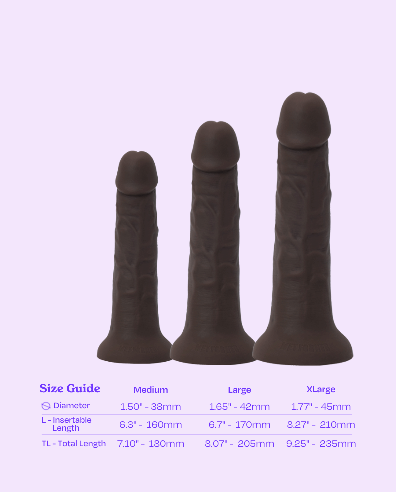 Espresso | Beyond Feelskin dildo size guide comparison for Medium, Large and XLarge