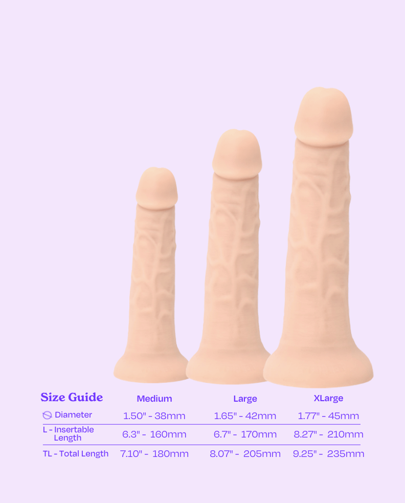 Beige | Beyond Feelskin dildo size guide comparison for Medium, Large and XLarge