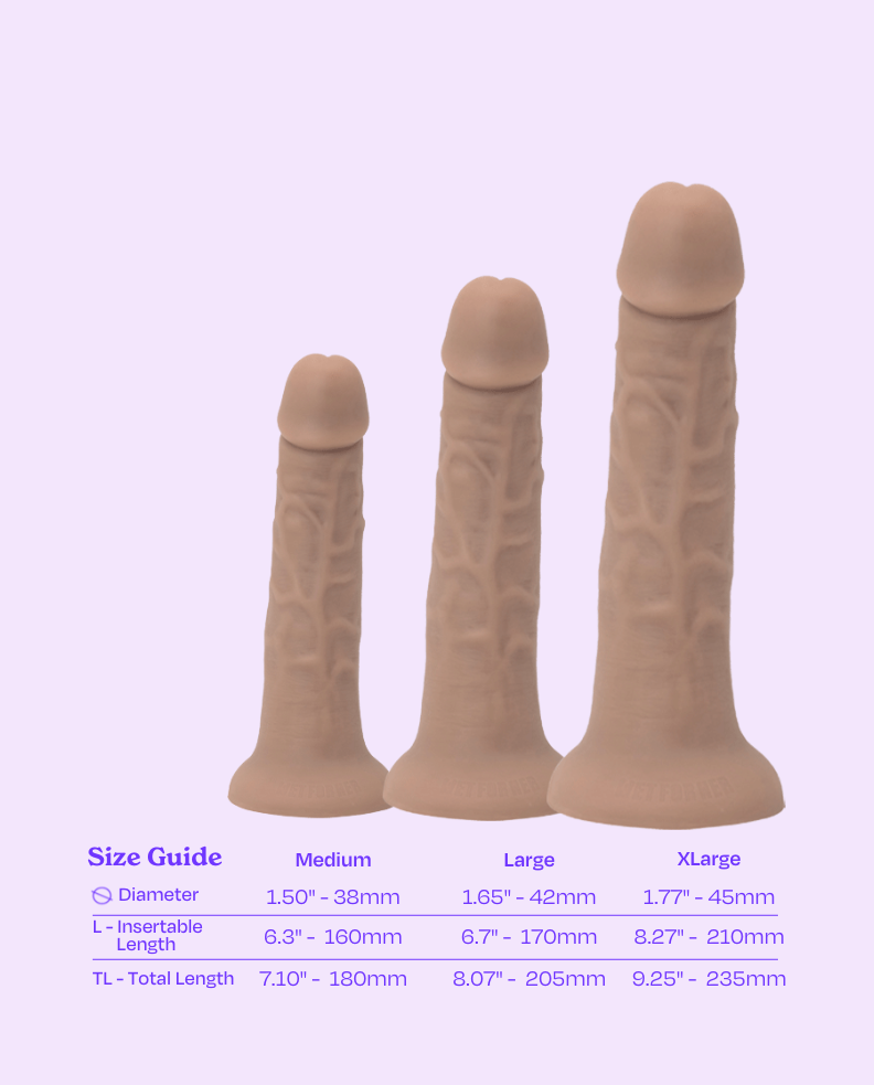 Tan | Beyond Feelskin dildo size guide comparison for Medium, Large and XLarge