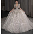 TW666 V-Neck Long Sleeve Wedding Dress Lace Up Keyhole Back Beaded Sequined Ball Gown Customized Elegant Vestidos De Boda