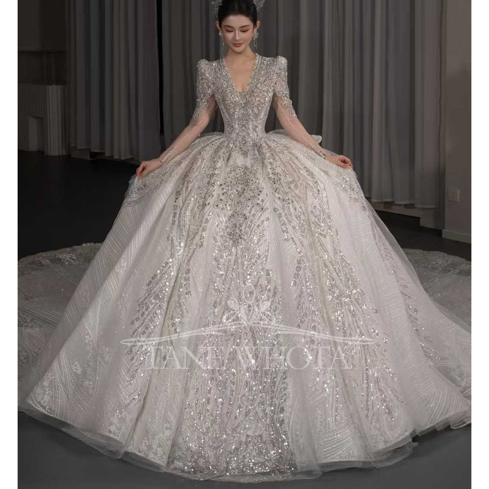 TW666 V-Neck Long Sleeve Wedding Dress Lace Up Keyhole Back Beaded Sequined Ball Gown Customized Elegant Vestidos De Boda
