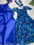 Digital Print Blue Color Organza Silk Gown