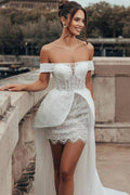 White 2-in-1 Wedding Dress Off Shoulder Sweetheart Illusion Boned Corset Lace Peplum Crystal Sequin Mini Skirt Detachable Tulle Cathedral Train Bridal Gown