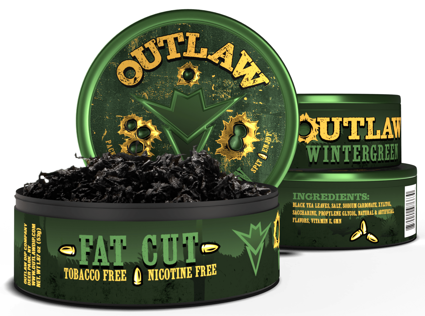 Green container of 'Outlaw' wintergreen product with visible text on a white background