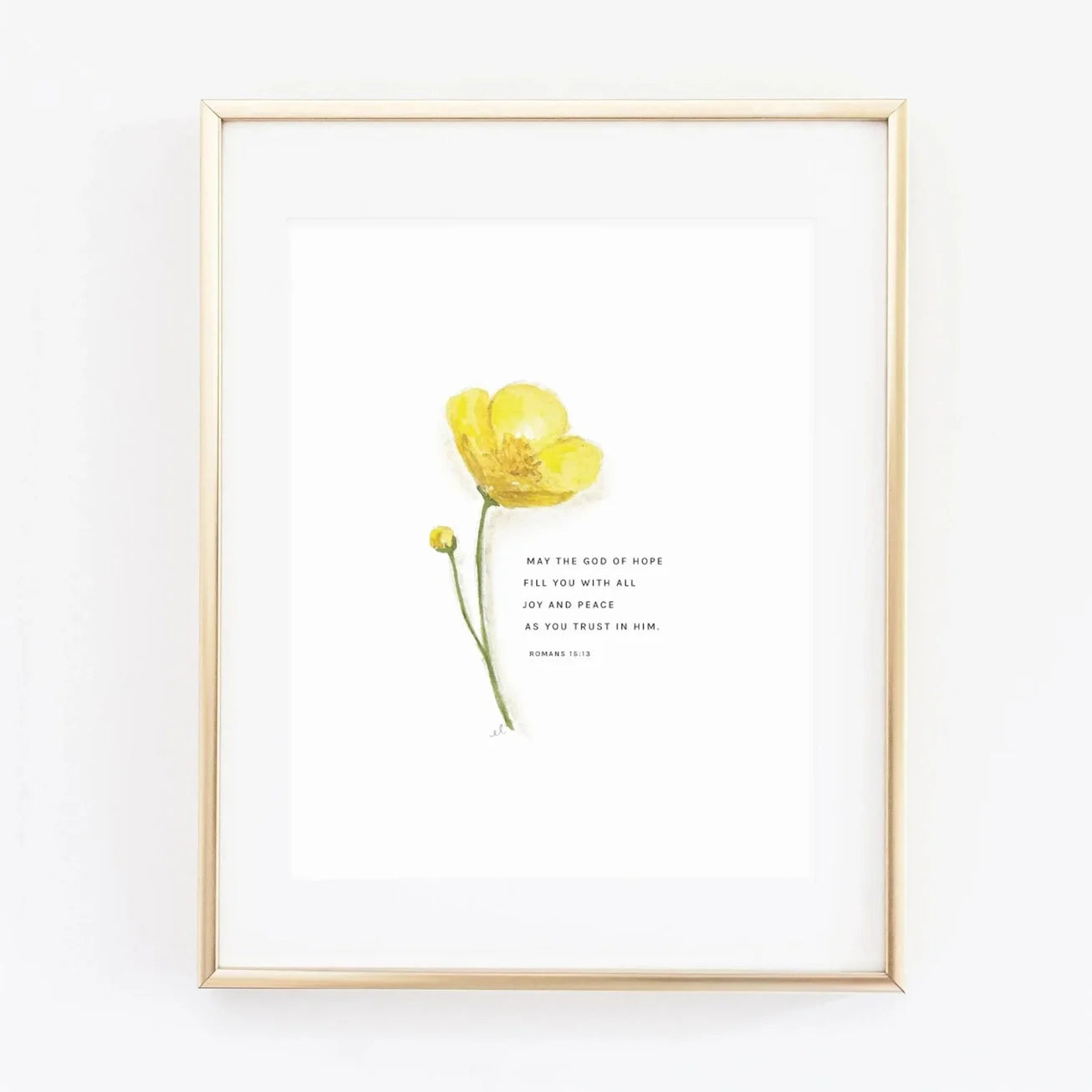 Yellow buttercup watercolor printed artwork with scripture. Emily Lex.