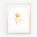 Yellow buttercup watercolor printed artwork with scripture. Emily Lex.