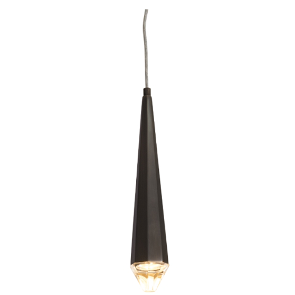 Aisone dark antique brass pendant light with a faceted, tapered design and clear glass bottom.