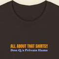 Brown t-shirt with multicolored 'all about that shirts!!' text on a beige background.