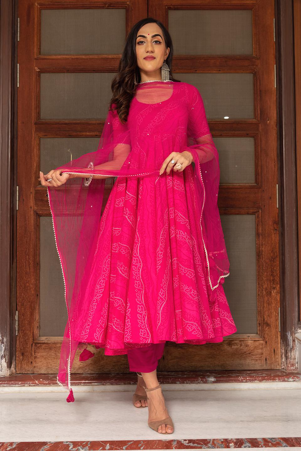 white christmas dresses Bandhej Pink Cotton Anarkali Set for Women