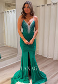 V-Neck Spaghetti Straps Off-Shoulder Sleeveless Beaded Pleated Satin Sweep Train Mermaid Prom Dress