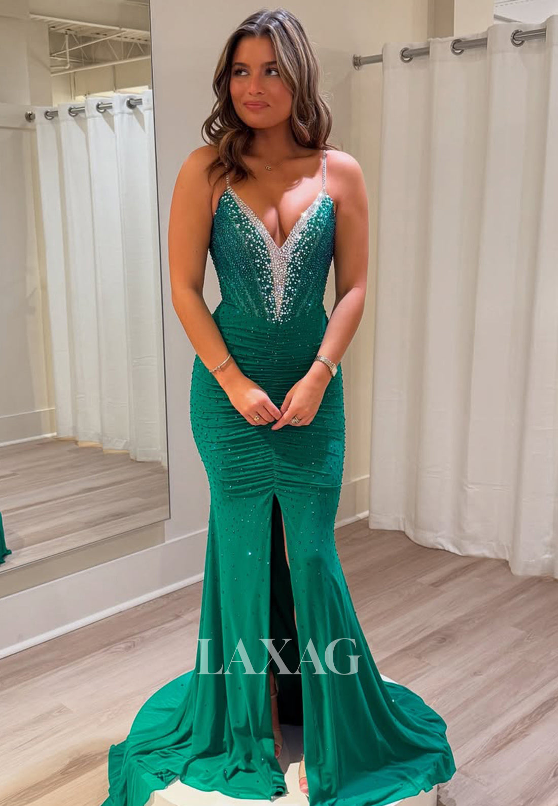 V-Neck Spaghetti Straps Off-Shoulder Sleeveless Beaded Pleated Satin Sweep Train Mermaid Prom Dress