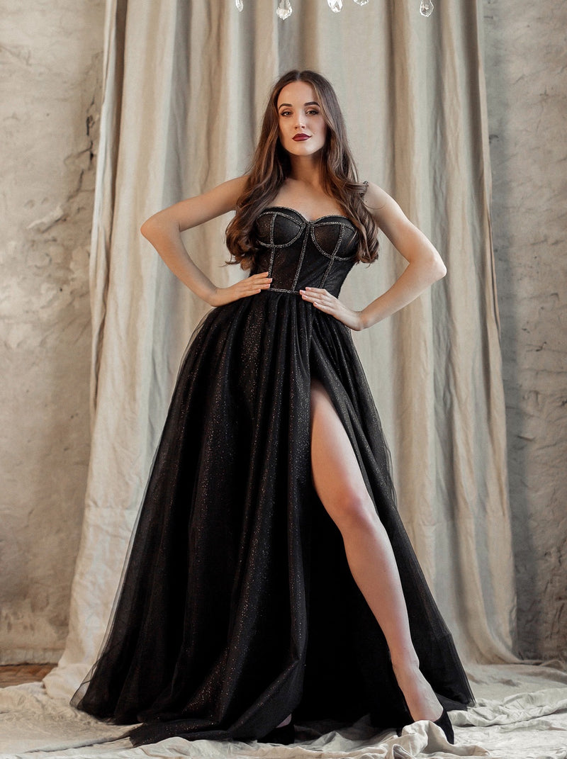 gala dinner dress Black sparkle corset evening dress with rhinestone trim –  La Novale Atelier-parroquiadesanalbertomagno.com