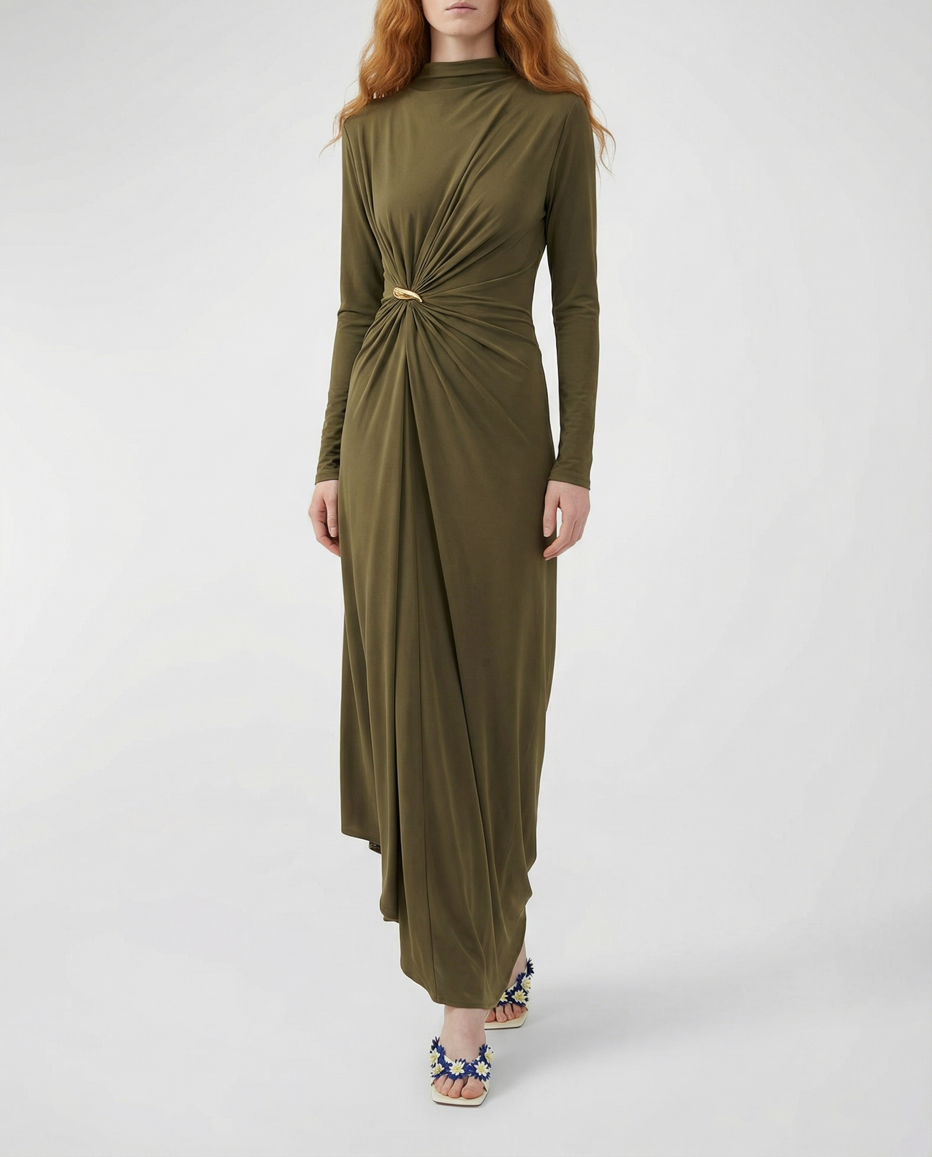 Bottega Veneta Asymmetric embellished gathered jersey maxi dress