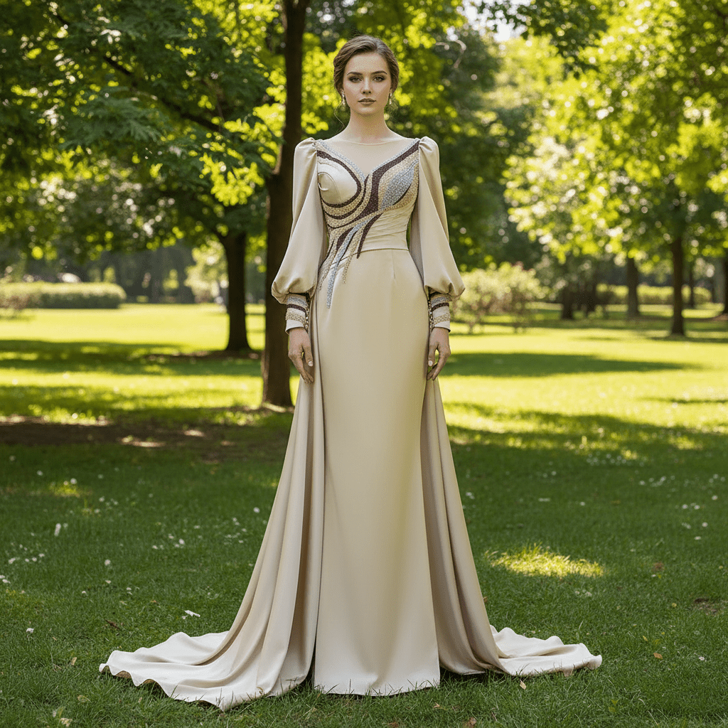 Champagne Satin Evening Dress Fit Flare Long Sleeve Party Formal Dress - Rosymae