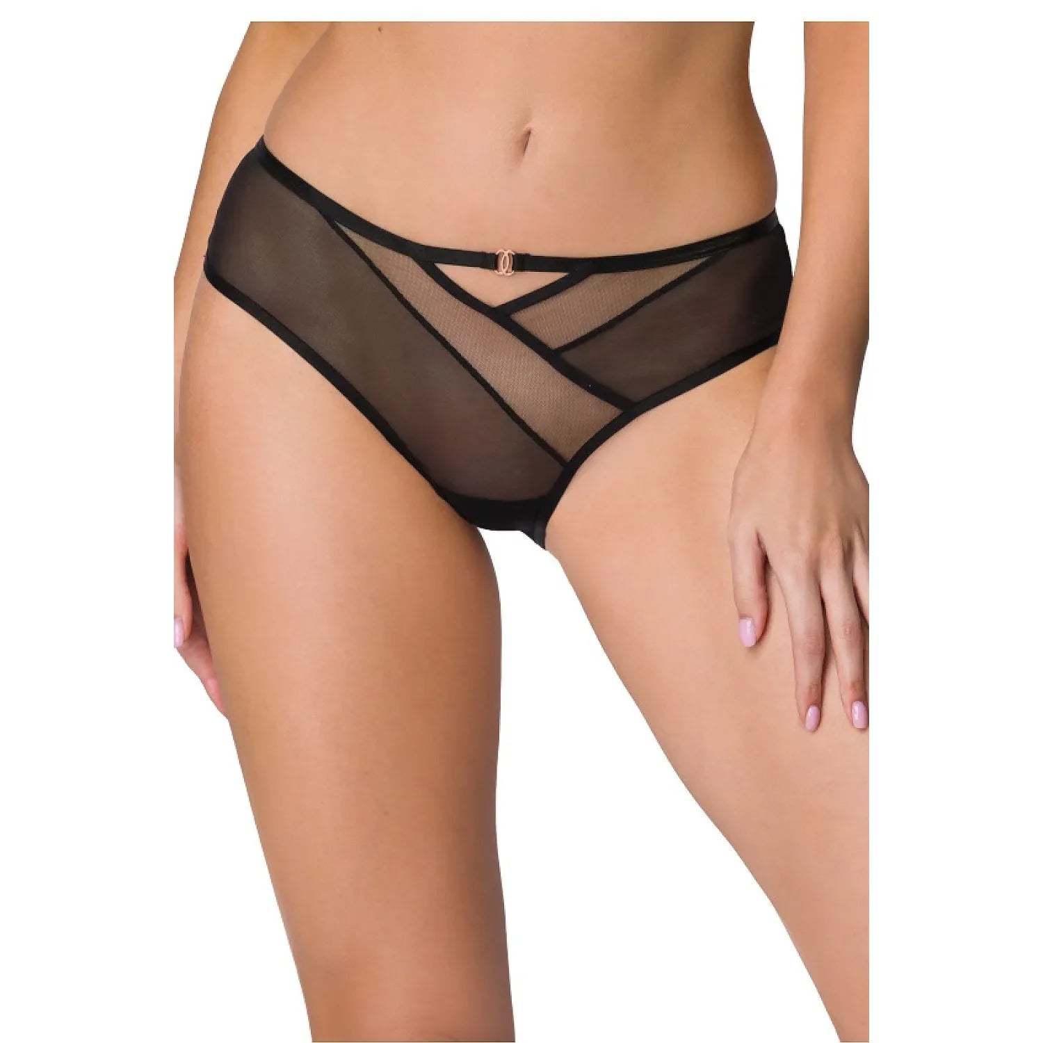 culotte noire Esme maille transparente polyester élasthanne extensible confort maintien sexy sophistiquée ornement métal doré motif croisé bandes courbes tailles