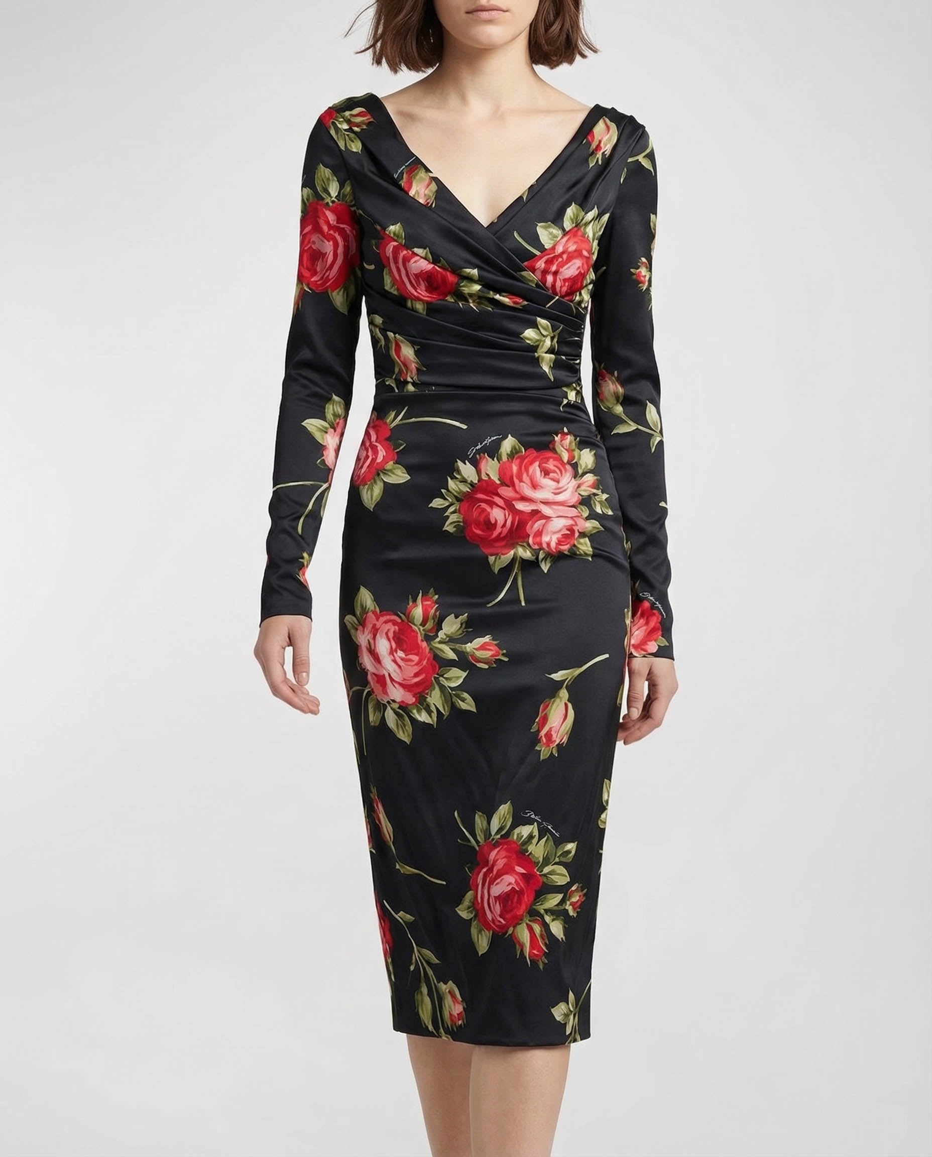 Ruched floral-printed satin midi dress