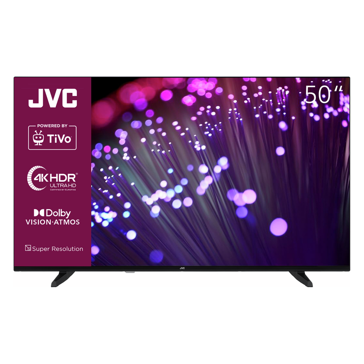 JVC 50" 4K UHD Smart TV mit Dolby Vision, HDR, TiVo, lila Lichtern, schwarzem Rahmen und Standfüßen.