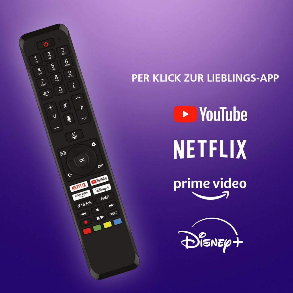 JVC 50" Smart TV Fernbedienung mit YouTube, Netflix, Prime Video, Disney+ Logos auf lila Hintergrund.