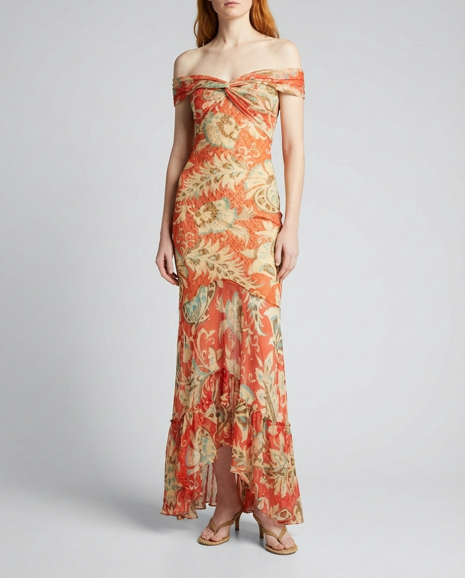 Printed ruffled midi dress