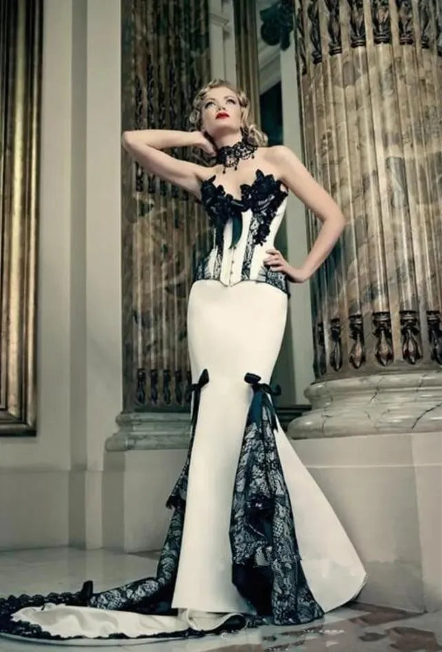 Victorian Gothic Black and Gothic wedding dresses with Boning, Lace-up Corset, and Sweetheart Neckline
