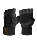 Schwarze Fitness Handschuhe aus Leder von Gym Generation in 3D-Ansicht – fingerlose Gym Handschuhe mit Handgelenkstütze im 2er-Set