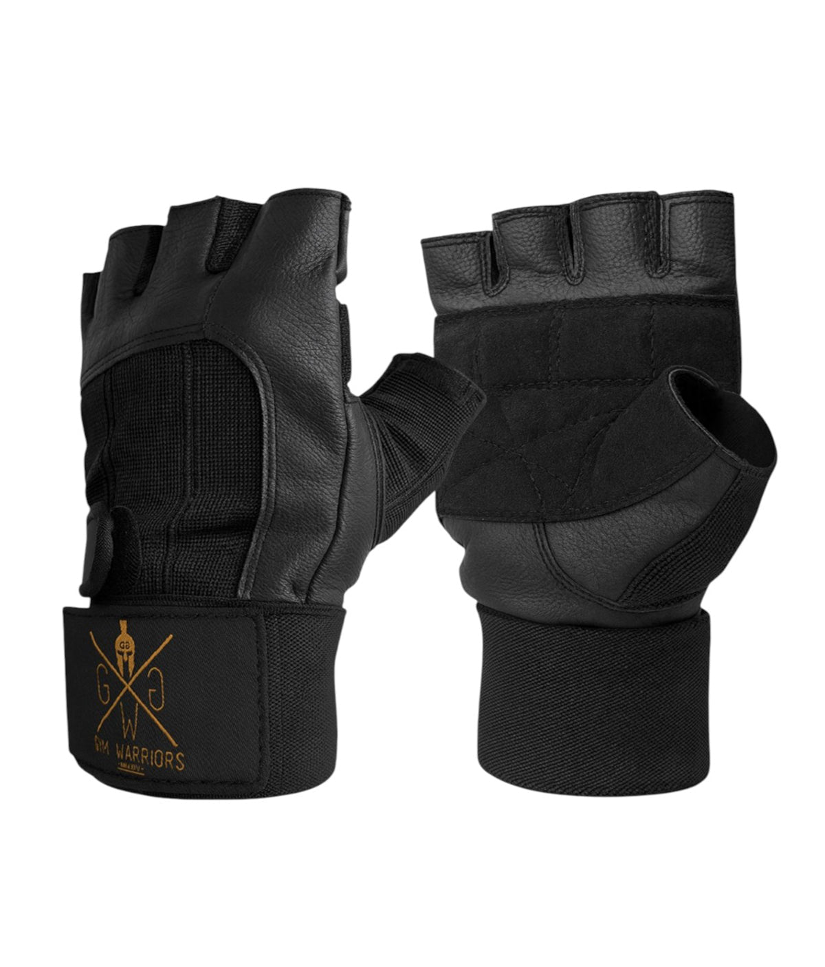 Schwarze Fitness Handschuhe aus Leder von Gym Generation in 3D-Ansicht – fingerlose Gym Handschuhe mit Handgelenkstütze im 2er-Set