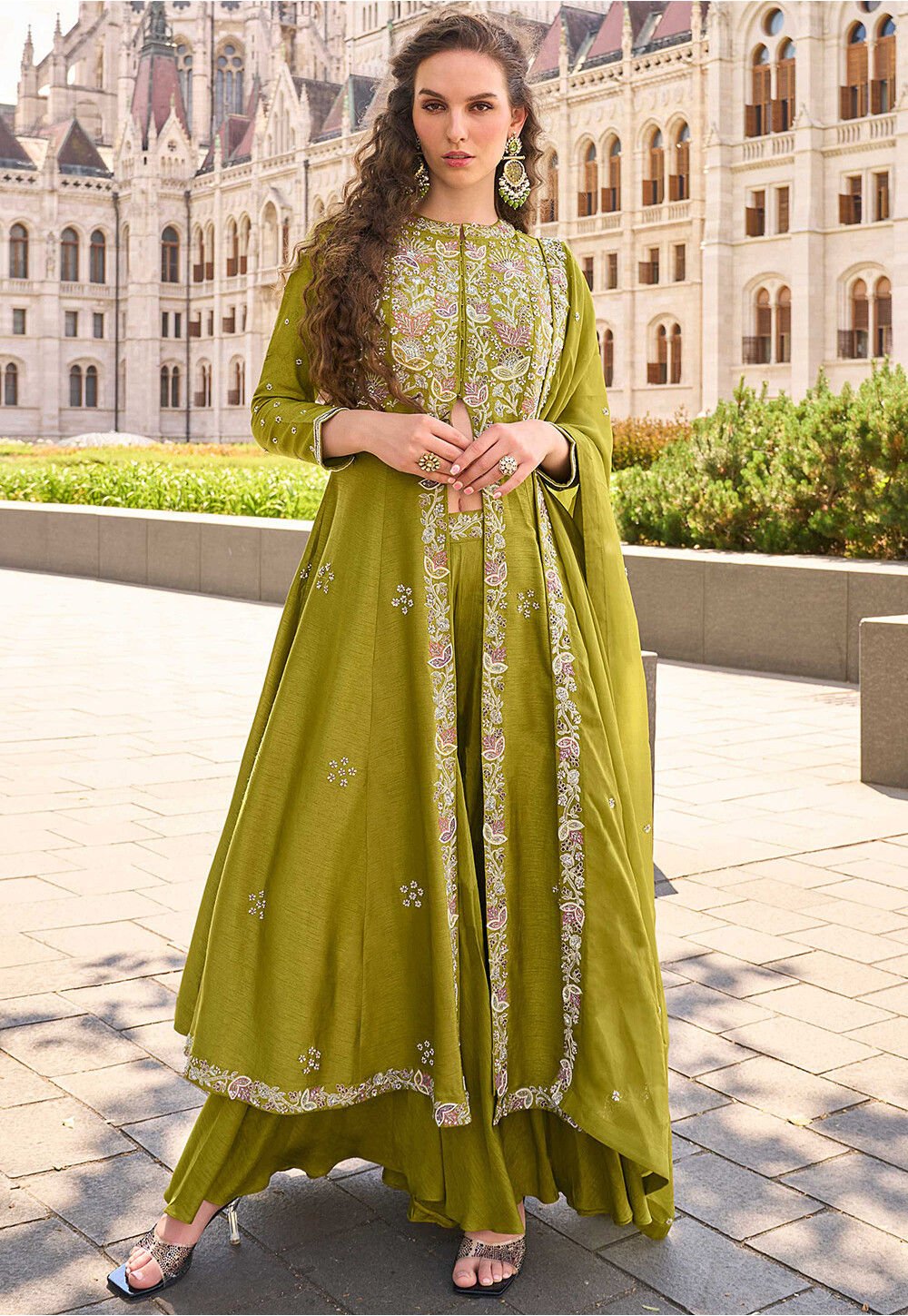 Hand Embroidered Art Silk Pakistani Suit in Olive Green – Jodhpuri Galax