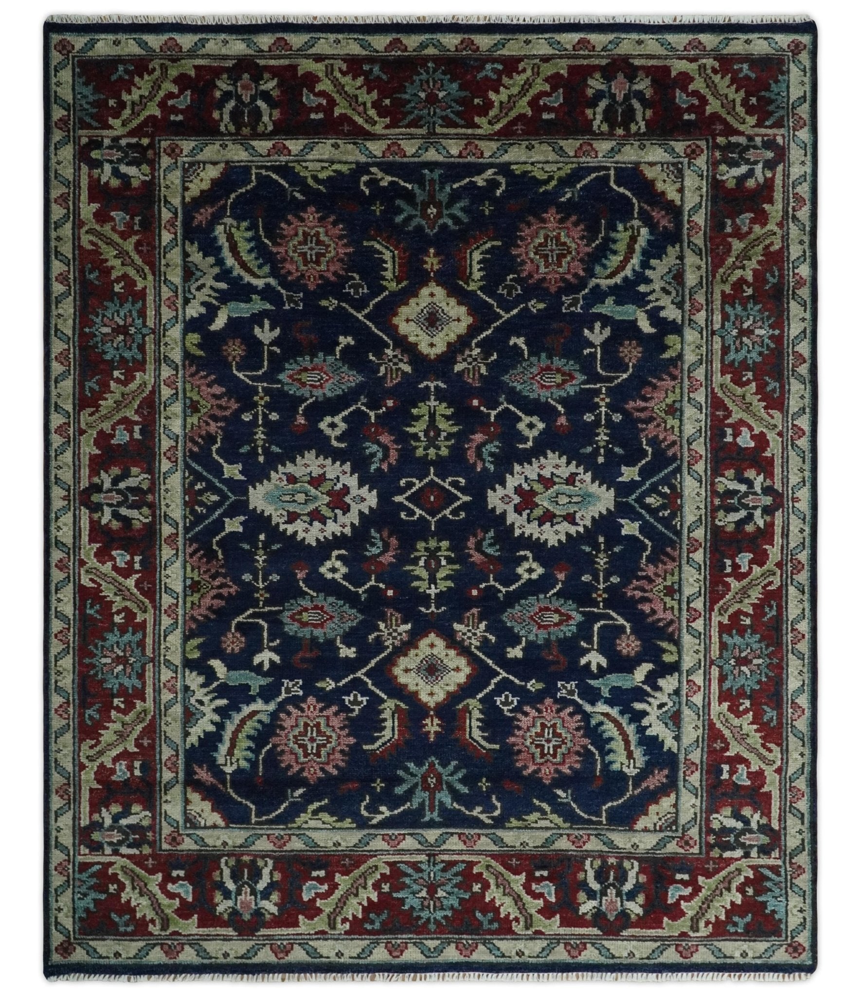 Hand Knotted 8x10 Black, Rust and Beige Antique Oushak Wool Area Rug