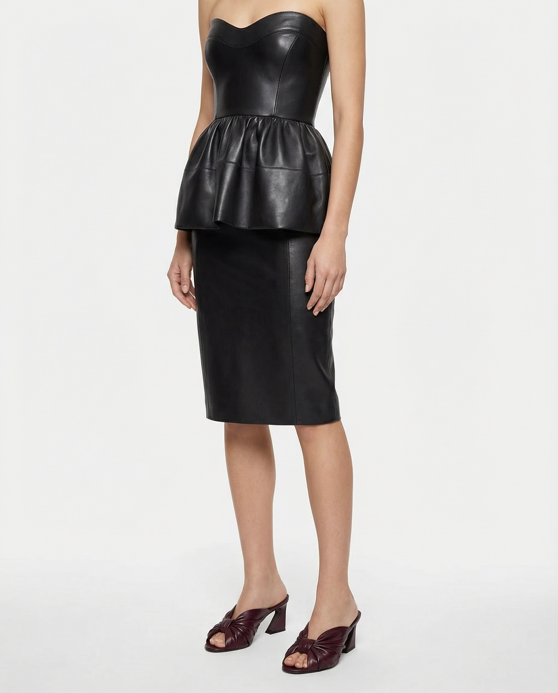 Strapless leather peplum midi dress